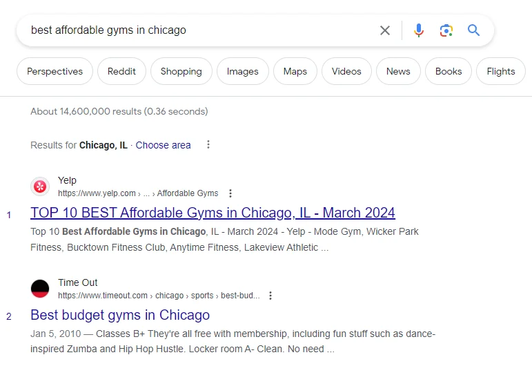 Google search about best affordable gyms in Chicago