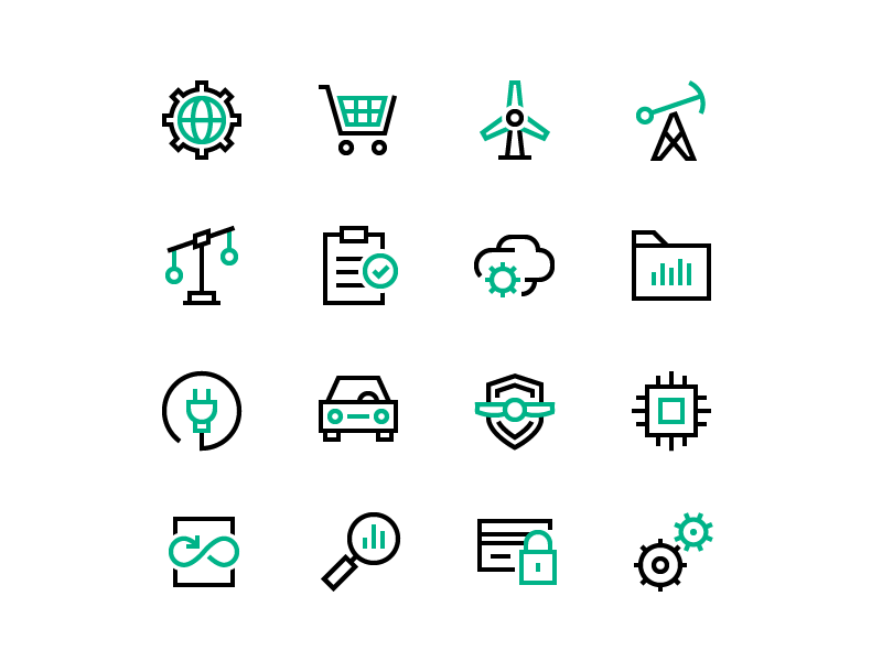 Well-designed icons in black and greeen colors