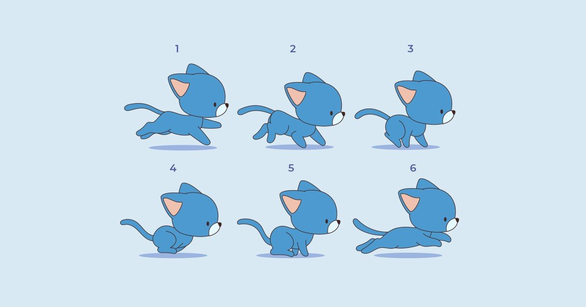 Frames of a running cat in 2D animation