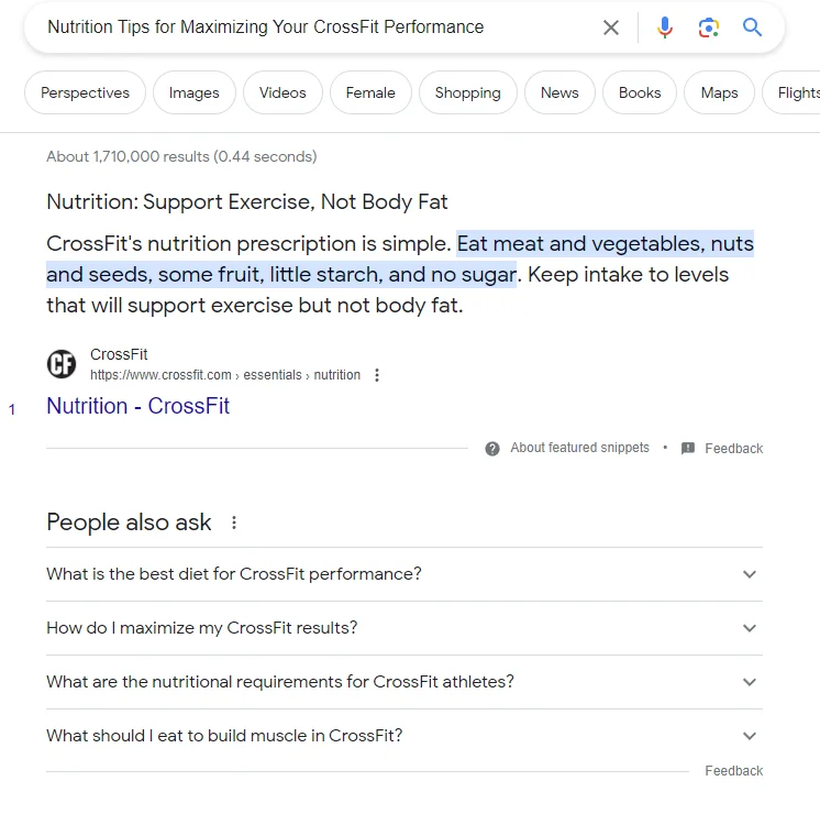 A search result in Google for nutrition tips