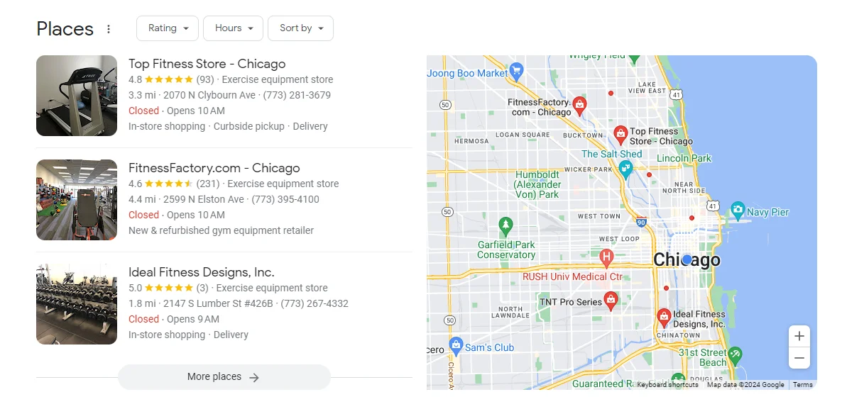 Some exercise equipment stores registered in Google Maps
