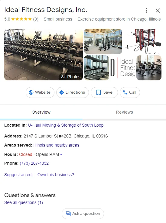 Google Business page of an exercise equipment store in Chicago