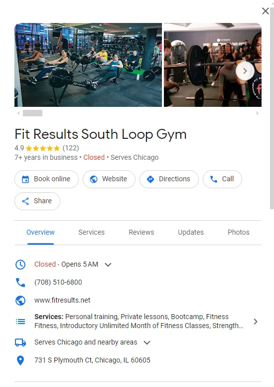 Fitness Results South Loop Gym Google Business page
