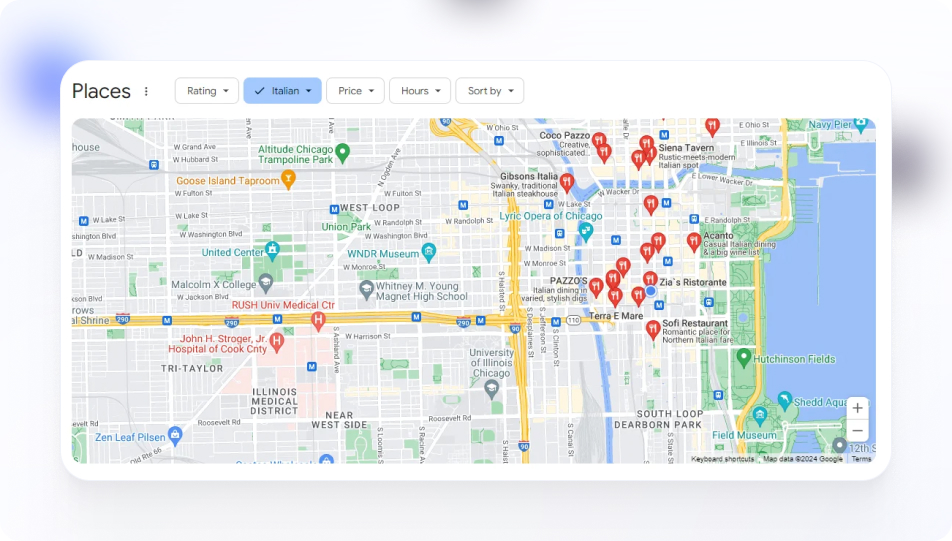 Google Maps results for best best Italian restaurants in Chicago Downtown