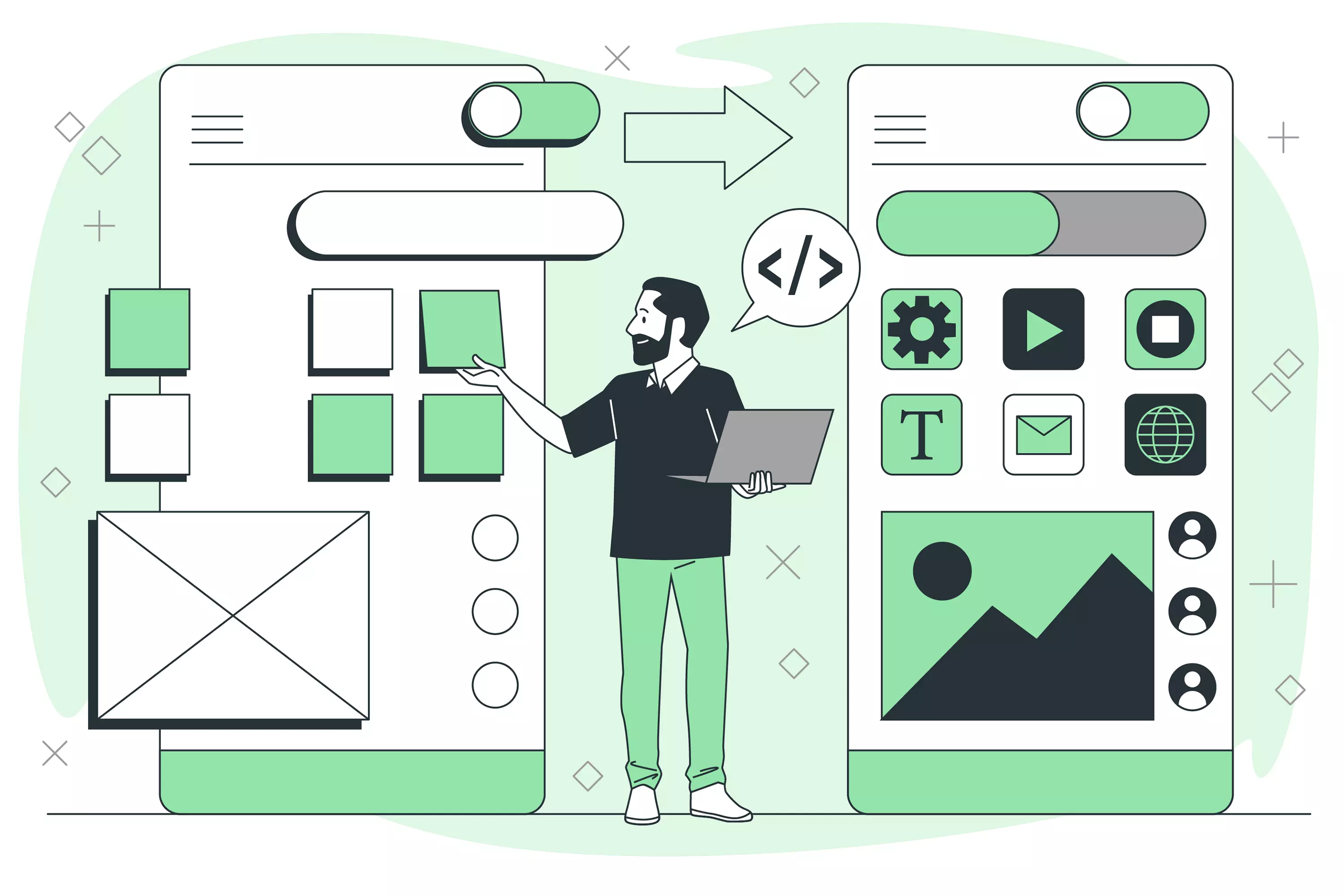 A vector art with a man creating mobile UI/UX design
