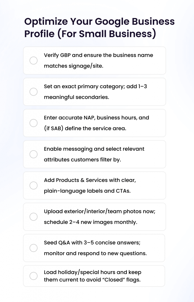 A checklist about how to optimize your GBP for small business