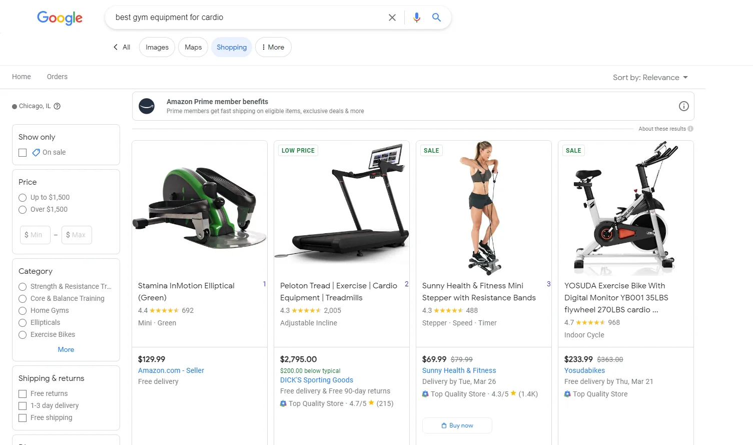 How search results for exercise equipment look like
