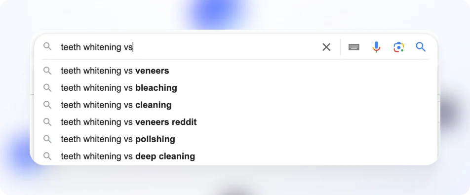 Different search results for topics for “teeth whitening vs”